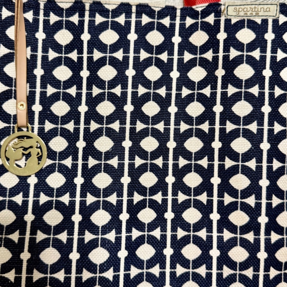 Spartina 449 Hilton Head Market Tote Navy Bag Coral Straps Mermaid Charm Coastal - Picture 5 of 10